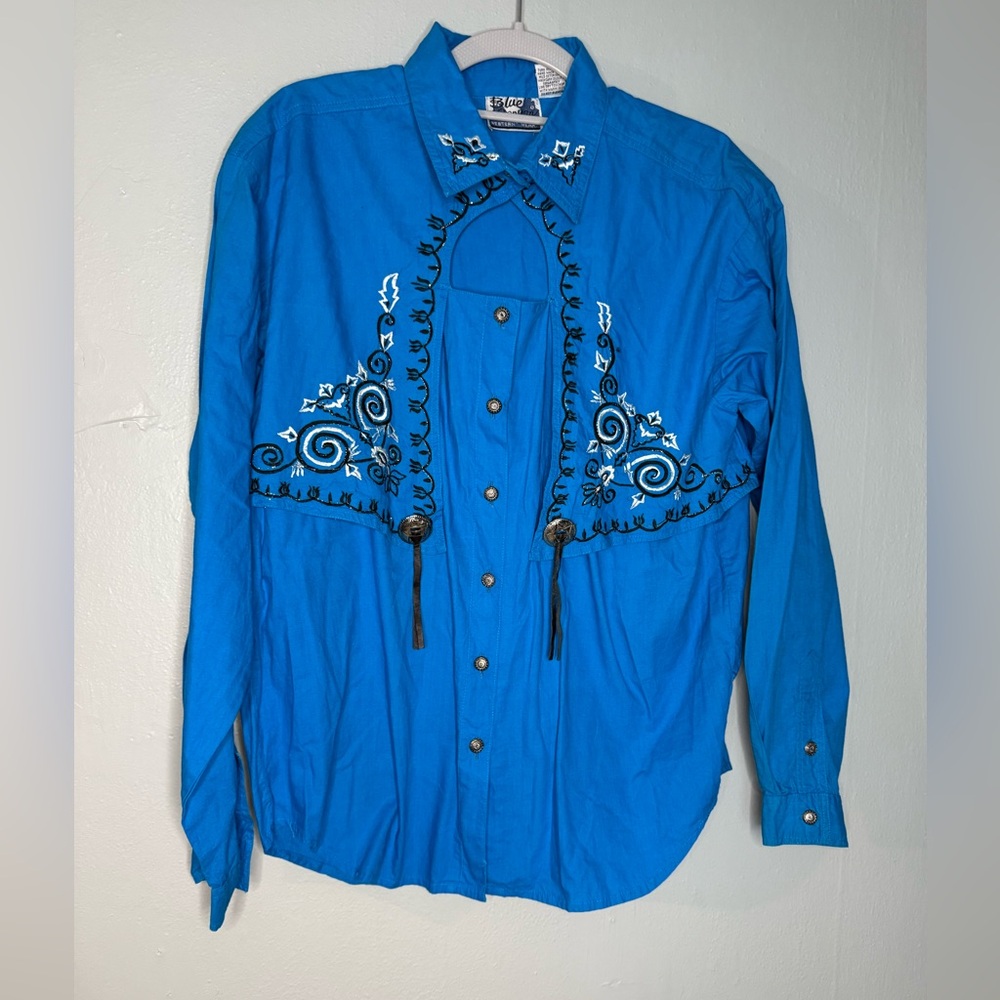 Vintage 80s Blue Canyon blue western blouse‎